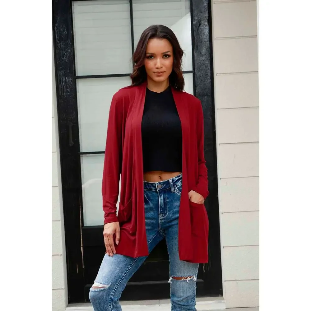 BASIC BAE 3X Deep Red Open Front Long Sleeve Cardigan Pockets NEW Plus - Picture 2 of 5